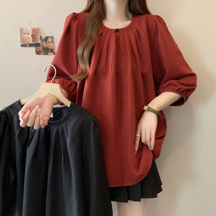 plus size 2025 Early Spring New Puff Sleeve Loose Design Sense Seven-Sleeve Chiffon Shirt Women's Simple Style Casual Shirt