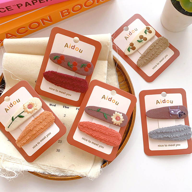 兒童小清新頭飾女童蕾絲櫻桃刺繡髮夾布藝BB夾劉海夾對夾韓國髮飾