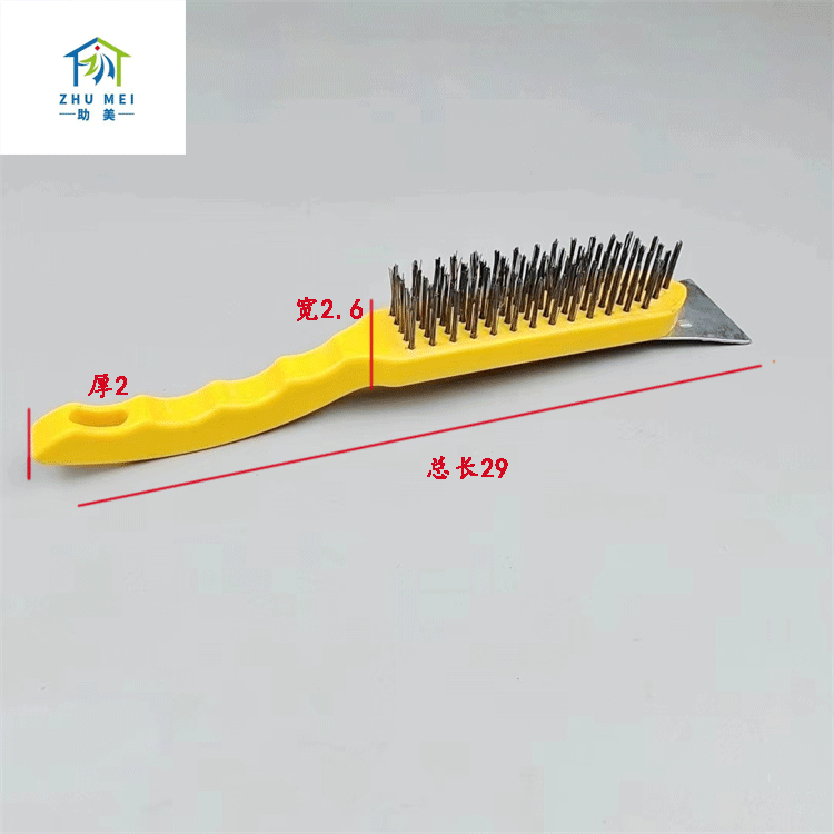 Cepillo de alambre con espátula Cepillo de alambre con mango de plástico amarillo Cepillo de alambre de acero pulido y limpieza Cepillo de alambre de acero industrial Cepillo de alambre de acero con mango de plástico