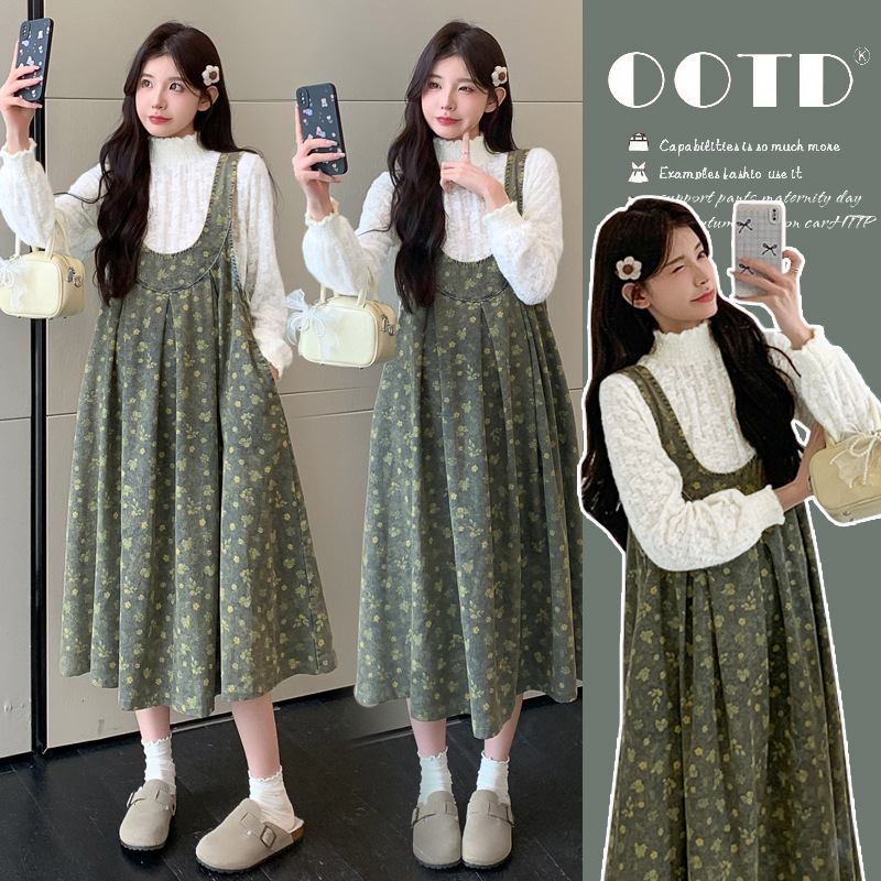 Maternity Clothes New Lace Top + Denim Jacquard Two-Piece Korean Style Pregnant Women Dress Maternity Clothes New Lace Top + Denim Jacquard Two-Piece Korean Style Pregnant Women Dress