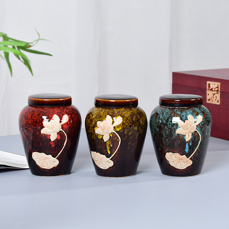 Kiln-Changed Tea Canister with Ceramic Relief, Lotus Design, Airtight Storage Jar &ndash; Large Size, 1-Li Capacity, Packed in a Pair for Wholesale Gift Box Delivery