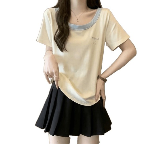 Ladies' Loose Sweet Style T-Shirt Top with U-Neck, Color Block, Covering Stomach, Arc Hem for Larger Sizes, Up to 300 Pounds