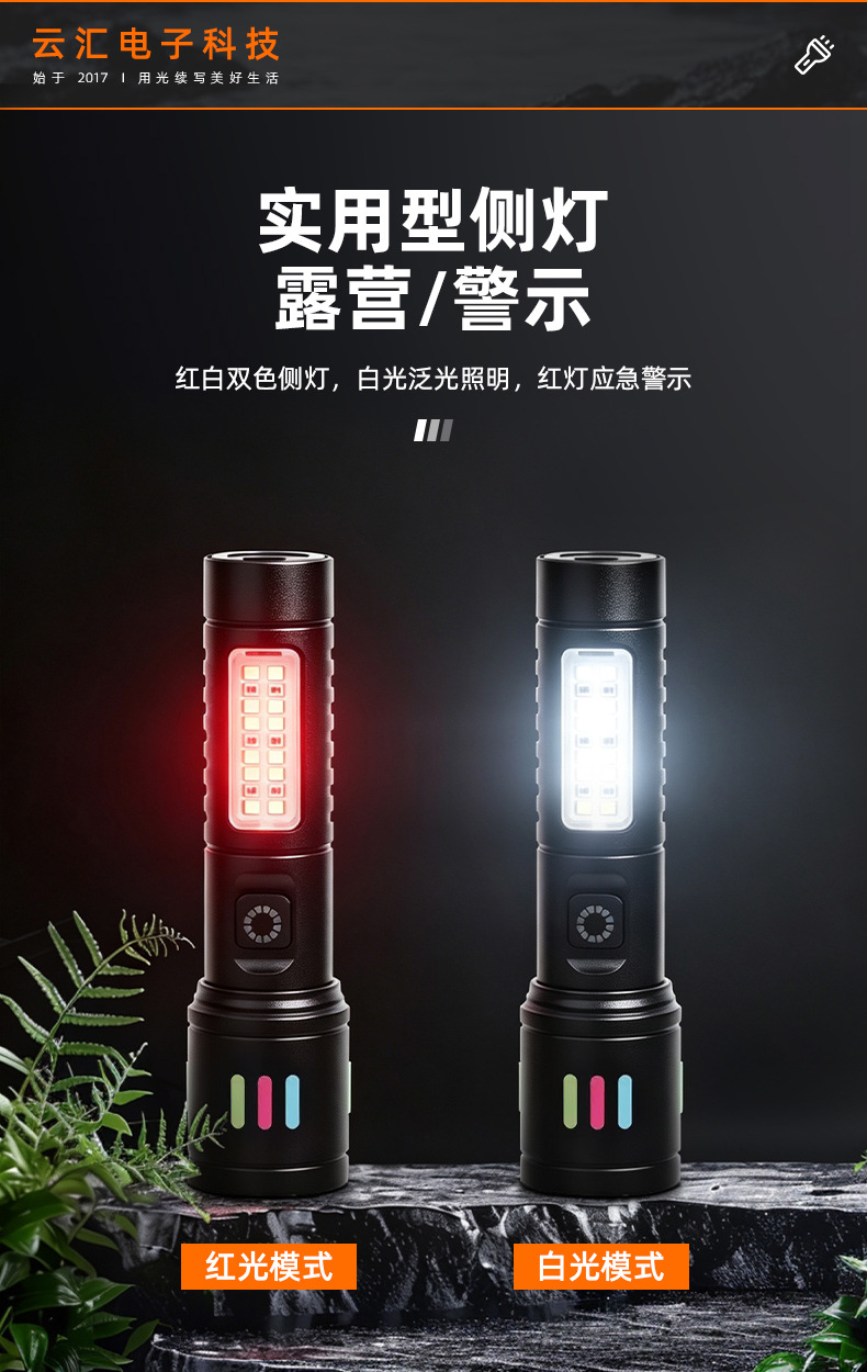 Cross-border white laser flashlight with adjustable zoom, dual light source, outdoor camping adventure emergency flashlight, dustproof flashlight