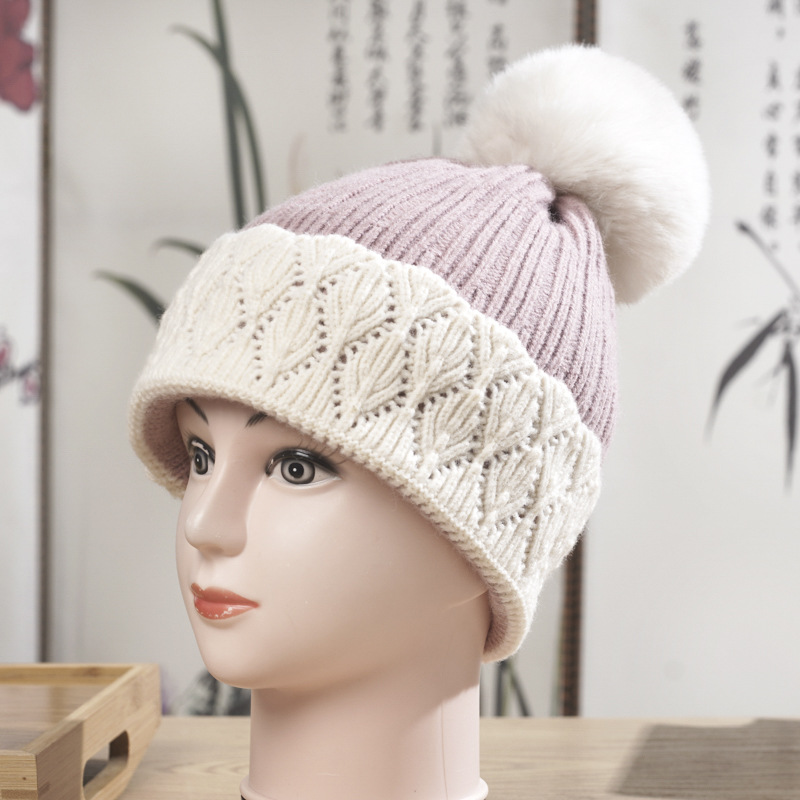 Winter Women's With Fleece Lining, Thickened And Warm Knitted Hat, Foreign Trade Cross-Border Pom-Pom Color-Block_voghion.com