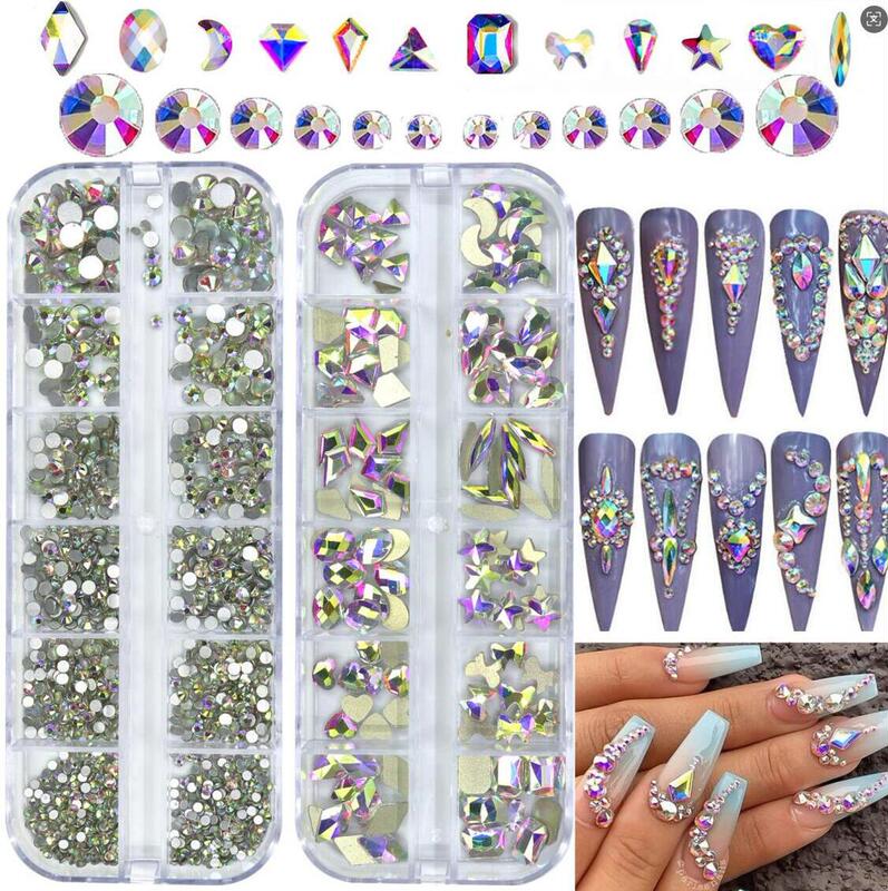 Cross-Border 12-Grids Water Drop Heart Ab Diamond Nail Art Jewelry 2 Boxes of Round Diamonds, Special-Shaped Diamonds, Sparkling Nail Decorations Cross-Border 12-Grids Water Drop Heart Ab Diamond Nail Art Jewelry 2 Boxes of Round Diamonds, Special-Shaped Diamonds, Sparkling Nail Decorations
