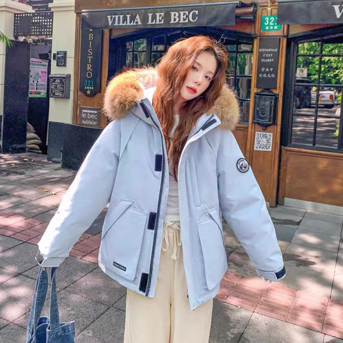 Женская укороченная парка Yimo 2025 года с меховым воротником, новая модель, в стиле рабочей одежды, с наполнителем из белого утиного пуха, для пар