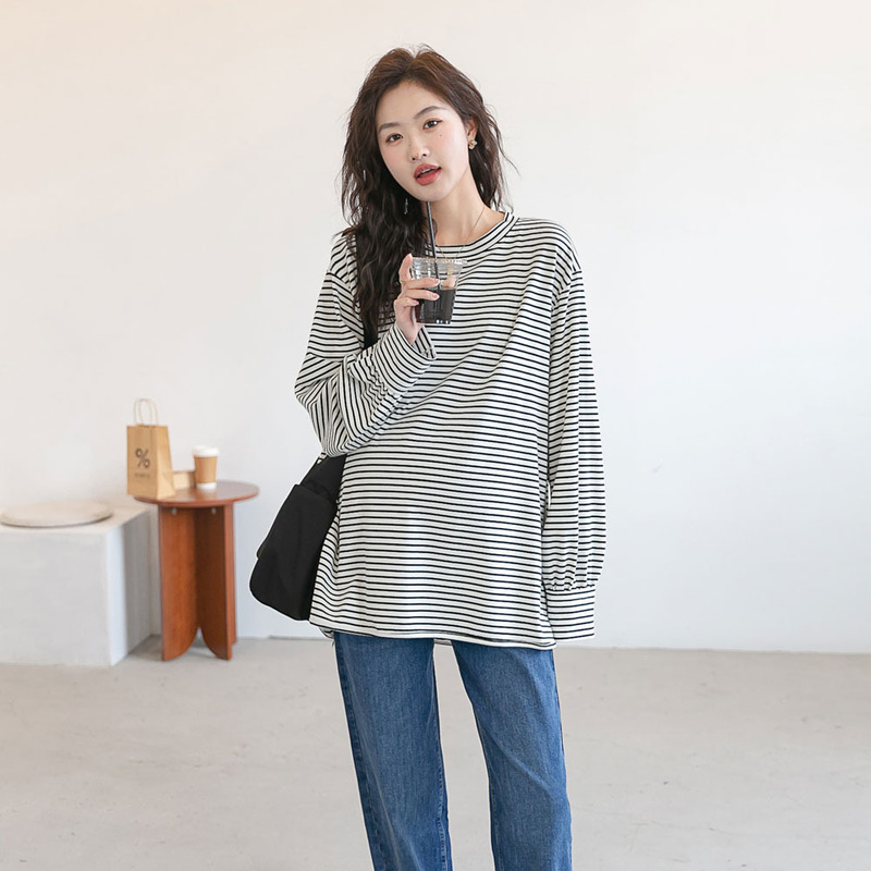 Spring and Autumn New Maternity Dress Striped Slim Shirt Sleeve Round Neck Long Sleeve T-shirt Loose Large Size Trendy Pullover Top for Mom