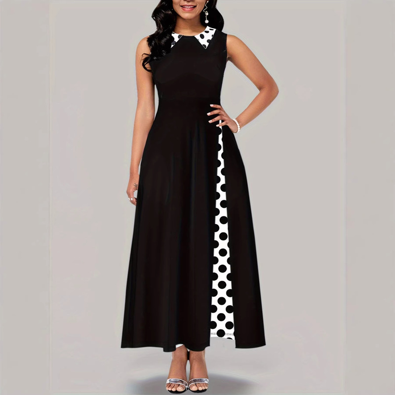 Sleeveless Slim-Fit Long Dress with Round Neck, Polka Dot Patchwork, High Waist, Cinched Waist, Side Patchwork, and Polka Dot Slits Sleeveless Slim-Fit Long Dress with Round Neck, Polka Dot Patchwork, High Waist, Cinched Waist, Side Patchwork, and Polka Dot Slits