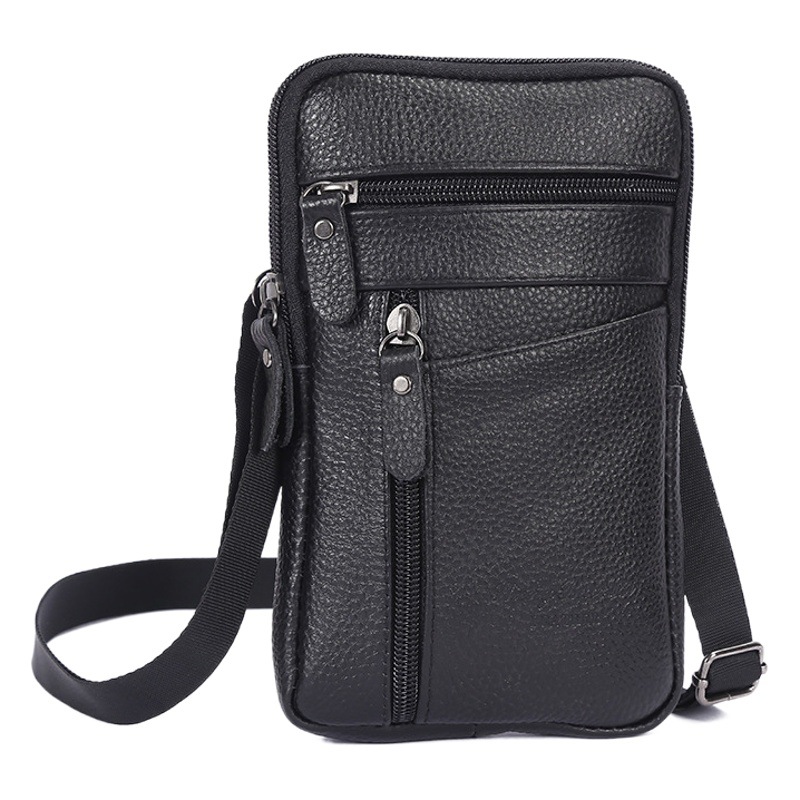 Multifunctional Waist Bag Genuine Leather Men's Wallet Multifunctional Double Zipper Portable Waist Bag Outdoor Vertical Edition Mobile Phone Waist Bag