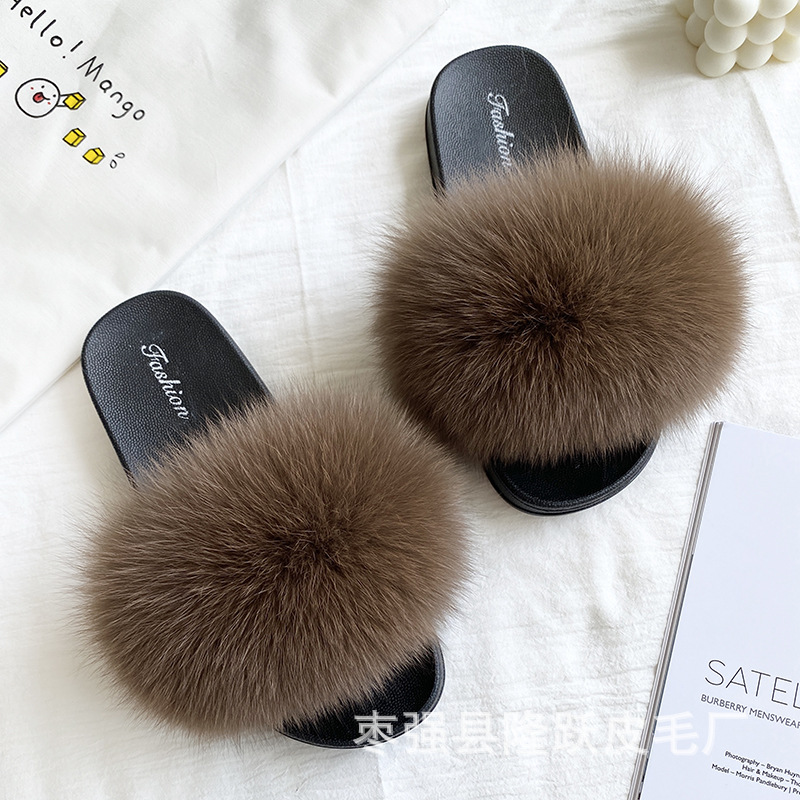 Amazon transfronterizo zapatillas de pelo de zorro real zapatillas de pelo de fondo plano zapatillas de pelo de mujer zapatillas de pelo de verano nuevas exportaciones
