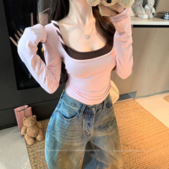 韩系别致浅灰色扭结假两件T恤女秋季设计感百搭修身显瘦休闲上衣
