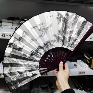 Fan, Ancient Style Folding Fan, Ink Painting, Chinese Style Men's Domineering Han Dynasty Bamboo Fan, Silk Cloth, Portable Folding Fan Dance