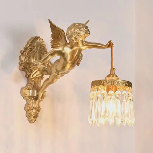 French full copper angel wall lamp for antique living room, bedroom, study, corridor wall light, American retro light luxury crystal lighting
