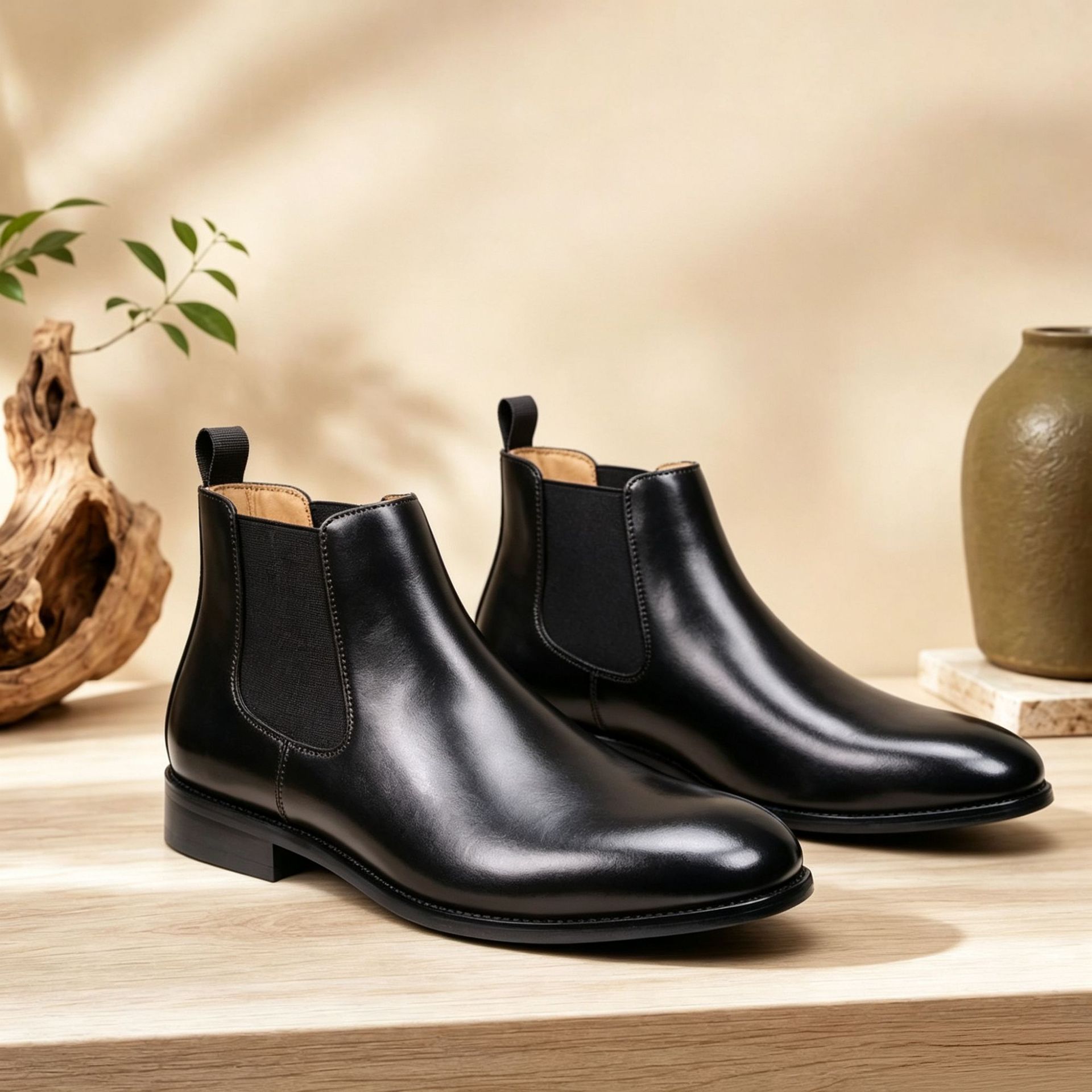 Botas Chelsea de estilo británico para hombre, de cuero genuino, punta redonda, tacón grueso, media pantorrilla, estilo casual de negocios, estilo europeo y americano, botas de talla grande para hombre.