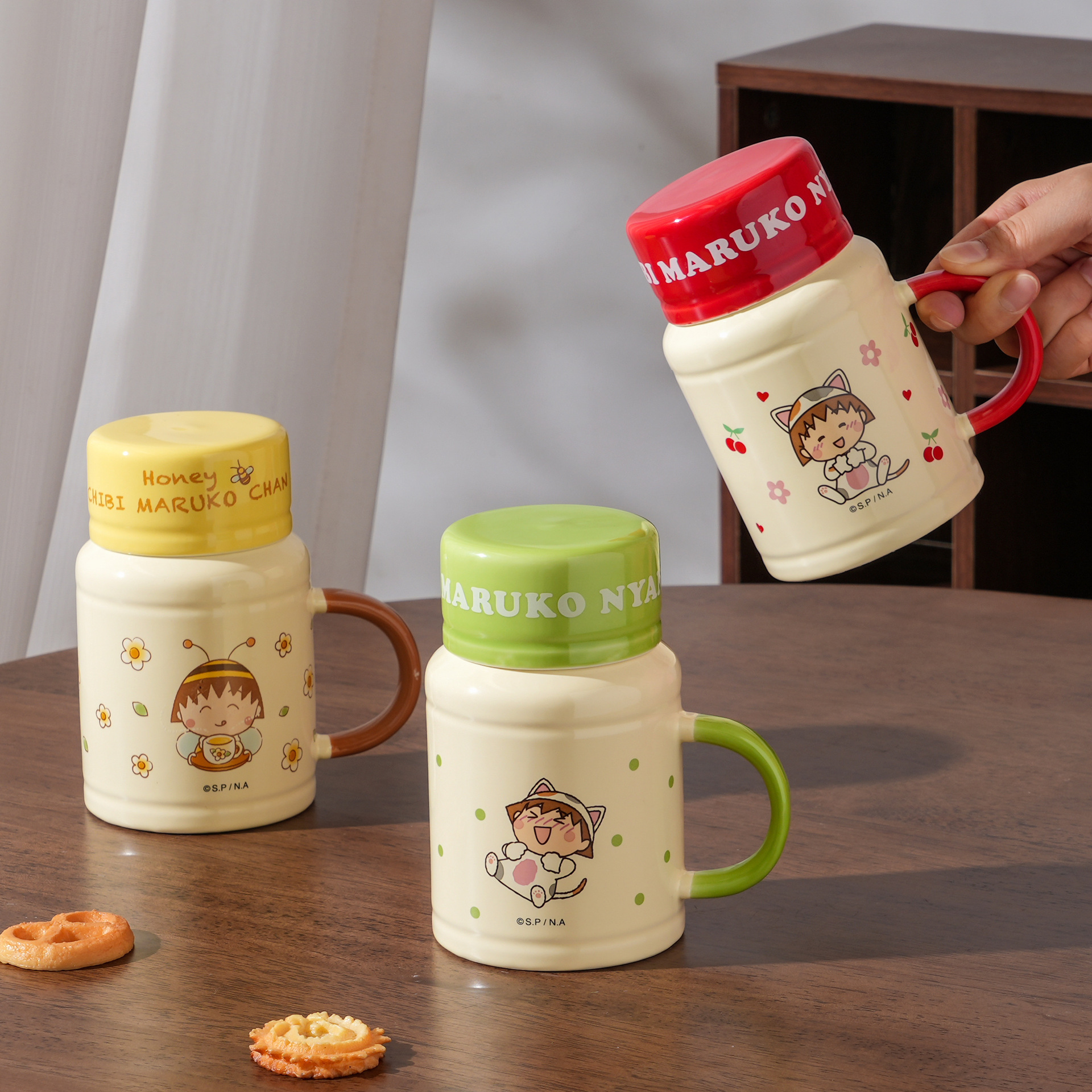 Cherry Maruko Taza de cerámica genuina Café Cute Girl Heart Taza de agua para niños Taza de oficina para el hogar