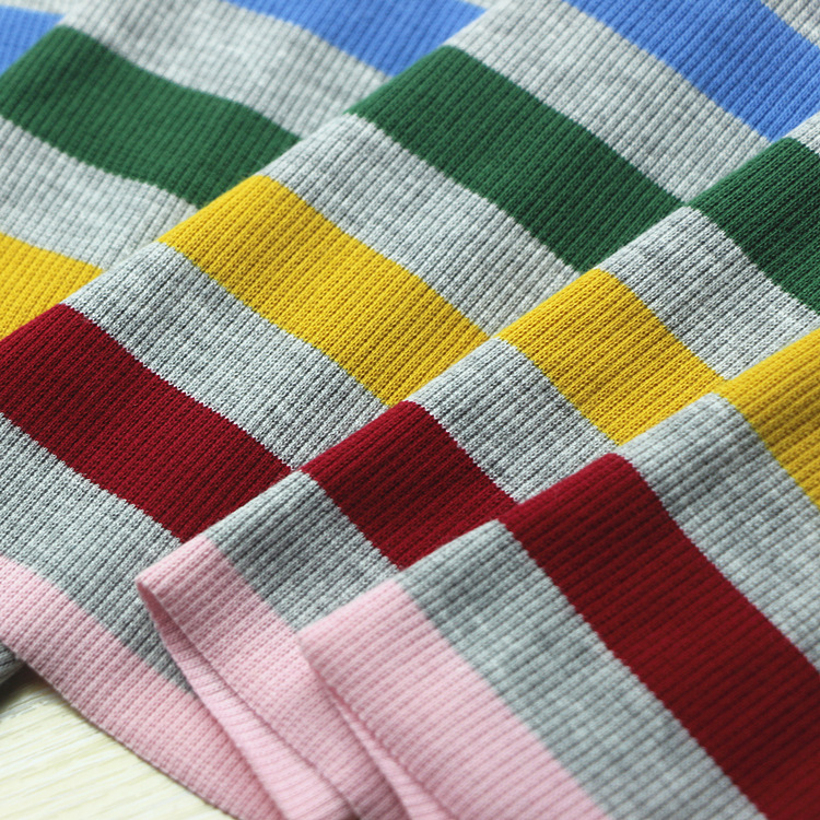 彩条色织调线2x2螺纹罗纹服装面料色织彩条棉氨纶弹力2x2罗纹布料