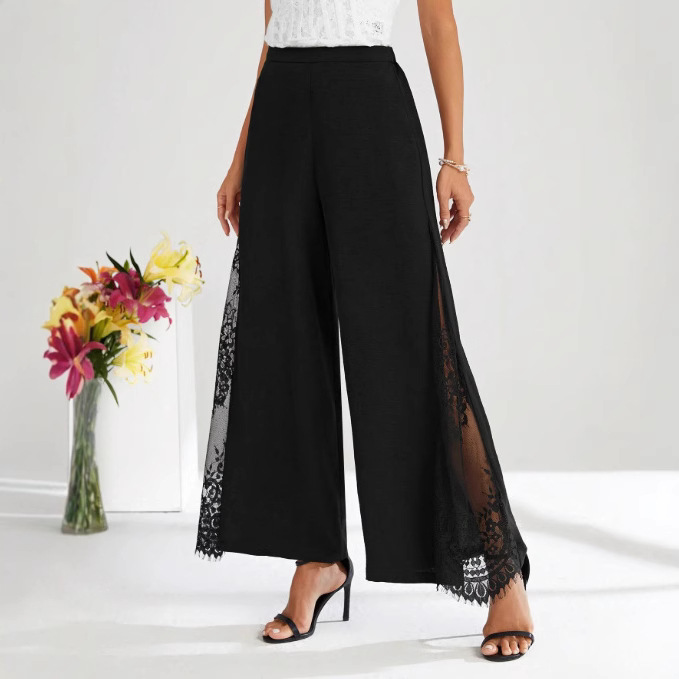 2025 European and American Cross-Border Amazon Spring/Summer Women's Wide-Leg Pants, Elegant Lace Patchwork High-Waisted Casual Long Pants for Export