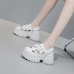 Genuine leather toe-hole half slippers women's high heels 8cm new 2024 summer thick-soled platform sandals and versatile sandals