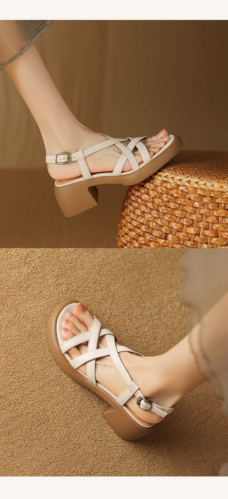 Sandal nữ quai ngang da bò đế xuồng gót cao phong cách La Mã — nâu chi tiết 9