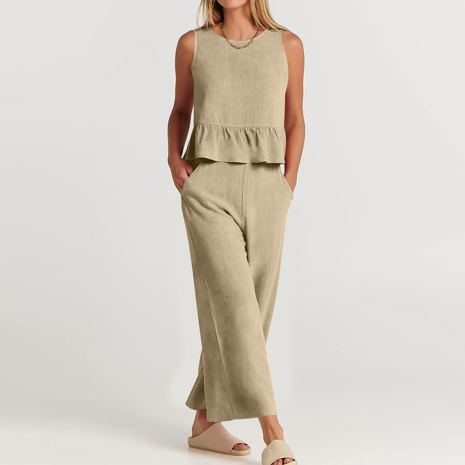 Regular Fit Fit Type Solid Color Pattern Summer Season Women'S Gender Casual Style Daily Women'S Casual Solid Color Cotton Cotton And Linen Pant Co-ord Set Pants Sets