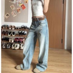 同款慵懒风夏季直筒裤冰蓝女显瘦百搭春秋休闲宽松牛仔裤