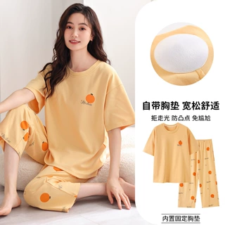 带胸垫睡衣女款夏天纯棉薄款夏季2026新款全棉短袖家居服可爱套装