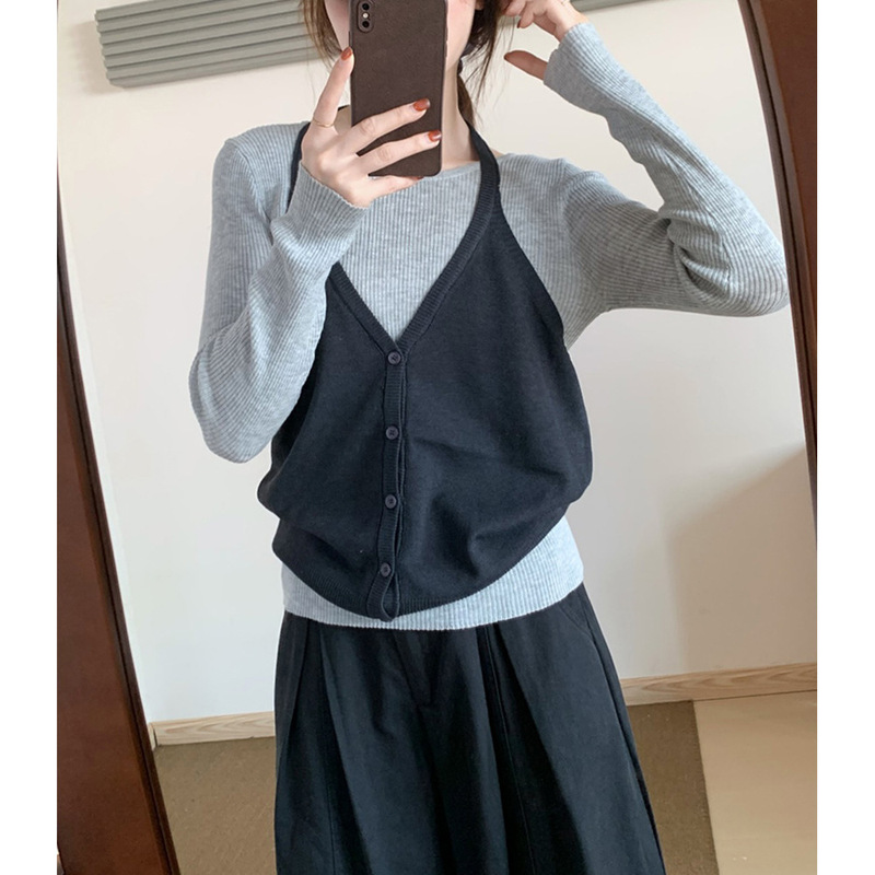 2025早秋很流行的挂脖背心+内搭长袖针织衫两件套女韩系时髦套装|undefined