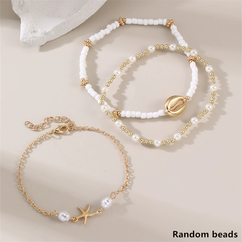 Ankle Bracelet, Boho Beach Style White Elastic Pendant, Shell & Starfish Accent