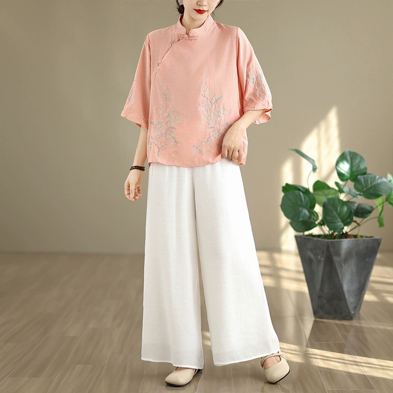 2025 летний новый китайский стиль, ретро-пластинчатая вышивка на пуговицах, улучшенный костюм Тан, широкие брюки, китайский стиль, чайный костюм Дзен, костюм для женщин