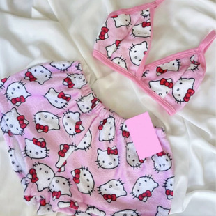New Hot Selling European and American Foreign Trade Pajamas Women's Vest Cartoon KT Cat Shorts Underwear suit Outer Wear Casual Home Clothes