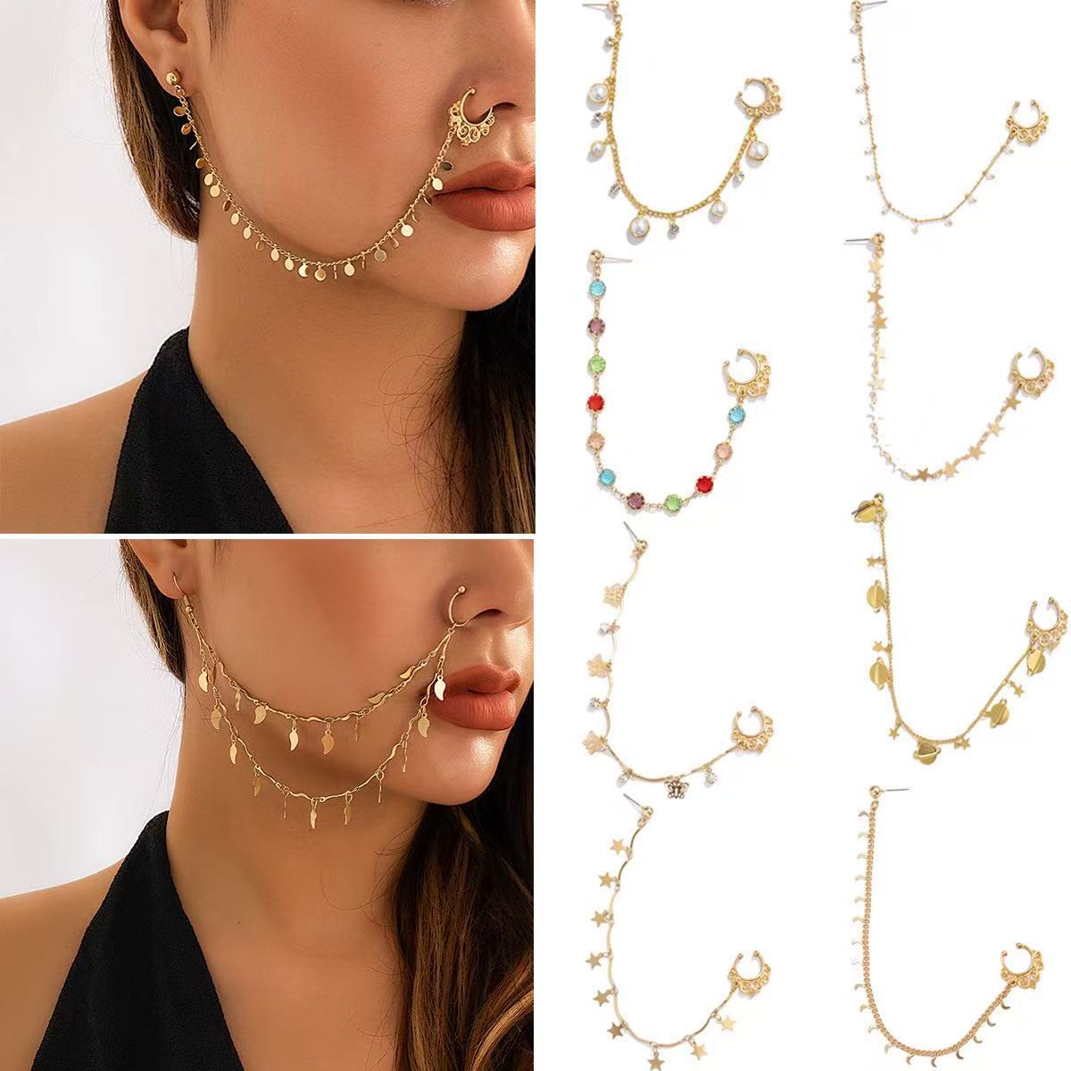 Argola de nariz sem piercing estrela e lua com borlas estilo etnico_voghion.com