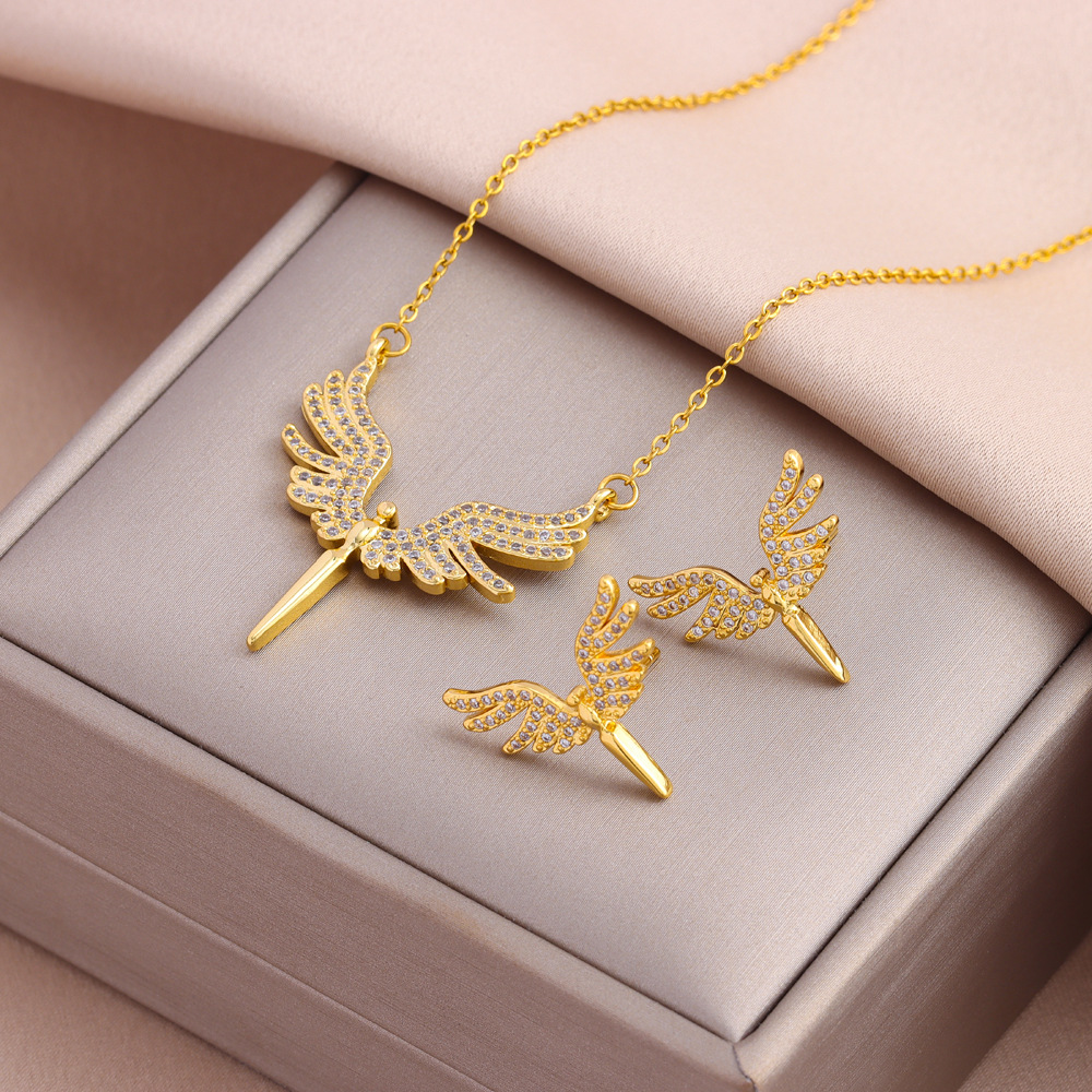 Popular micro-inlaid zirconium angel wings necklace stud earrings set_voghion.com