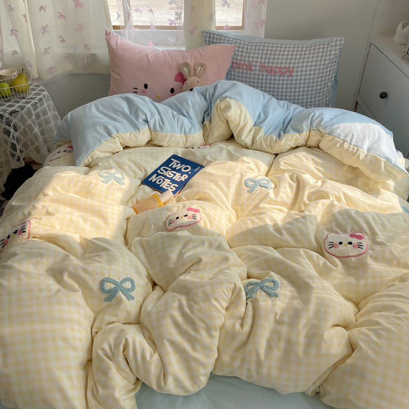 Class a Thickened Brushed Four-Piece Set, Fresh Washed Cotton Bed Sheet, Duvet Cover, Pillowcase, Student Dormitory Three-Piece Set Cover Ins