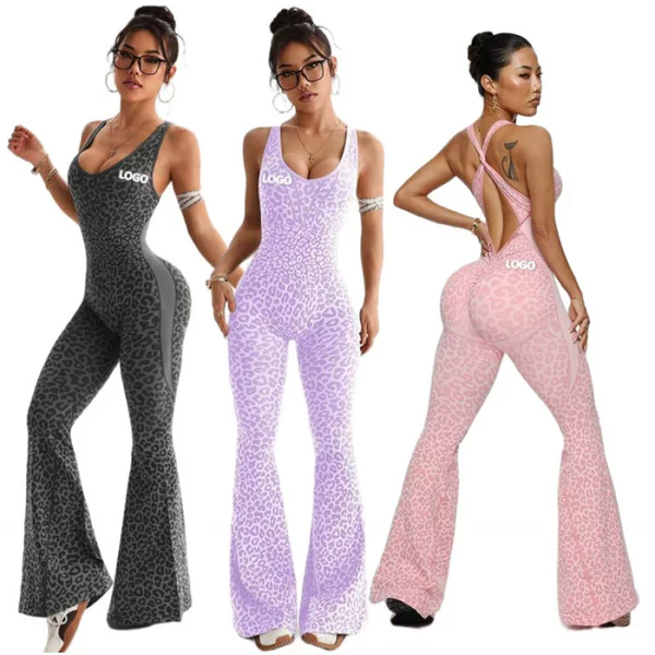 European and American Cross-Border Foreign Trade Women's Leopard Print Cross-Back Seamless One-Piece Yoga Wear Women's Fitness Sports Jumpsuit