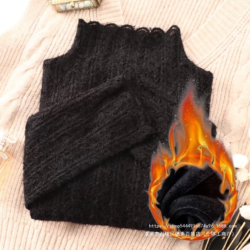 New autumn and winter long-sleeved, fleece-lined, stylish, and thickened top with a half-high collar, lace, and mesh detailing, perfect for layering New autumn and winter long-sleeved, fleece-lined, stylish, and thickened top with a half-high collar, lace, and mesh detailing, perfect for layering