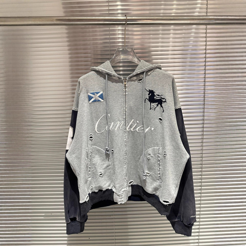 G/R 25ss重工拼色做旧破坏复古刺绣战马拉链帽衫|undefined