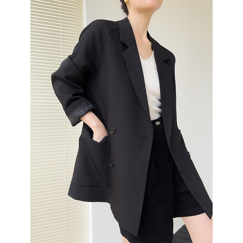 Casual Loose-Fitting Blazer with Color-Blocking, Mid-Length Women's Suit Jacket, New Korean Style Double-Breasted for Spring and Autumn