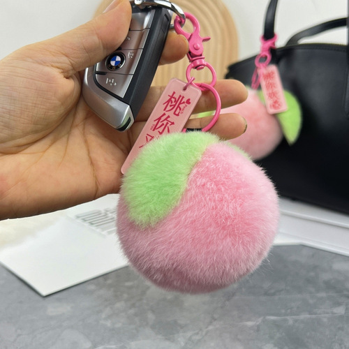 Real Rex Rabbit Fur Big Peach Car Keychain Pendant Plush Cute Peach Backpack Bag Pendant New Fur