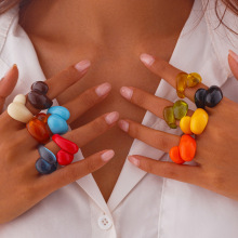 欧美跨境饰品 不规则双水滴塑料戒指 时尚几何型多色闭口指环