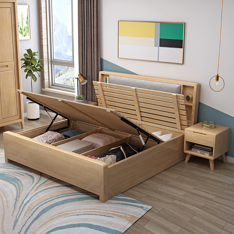 Cama de madera maciza nórdica cama doble 1,8 m 1,5 moderno minimalista registro suave cojín apartamento dormitorio muebles de almacenamiento cama de la boda