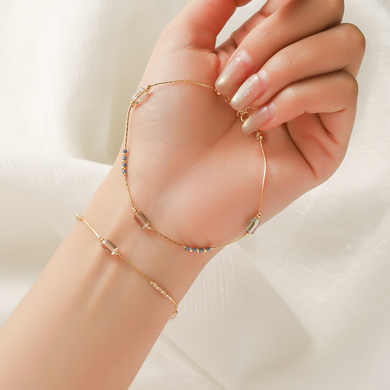 Crystal Pipe Bead Handmade Bracelet European and American Ins Style Titanium Steel Plated 18k Gold Fadeless All-Match High-Level Sense Bracelet