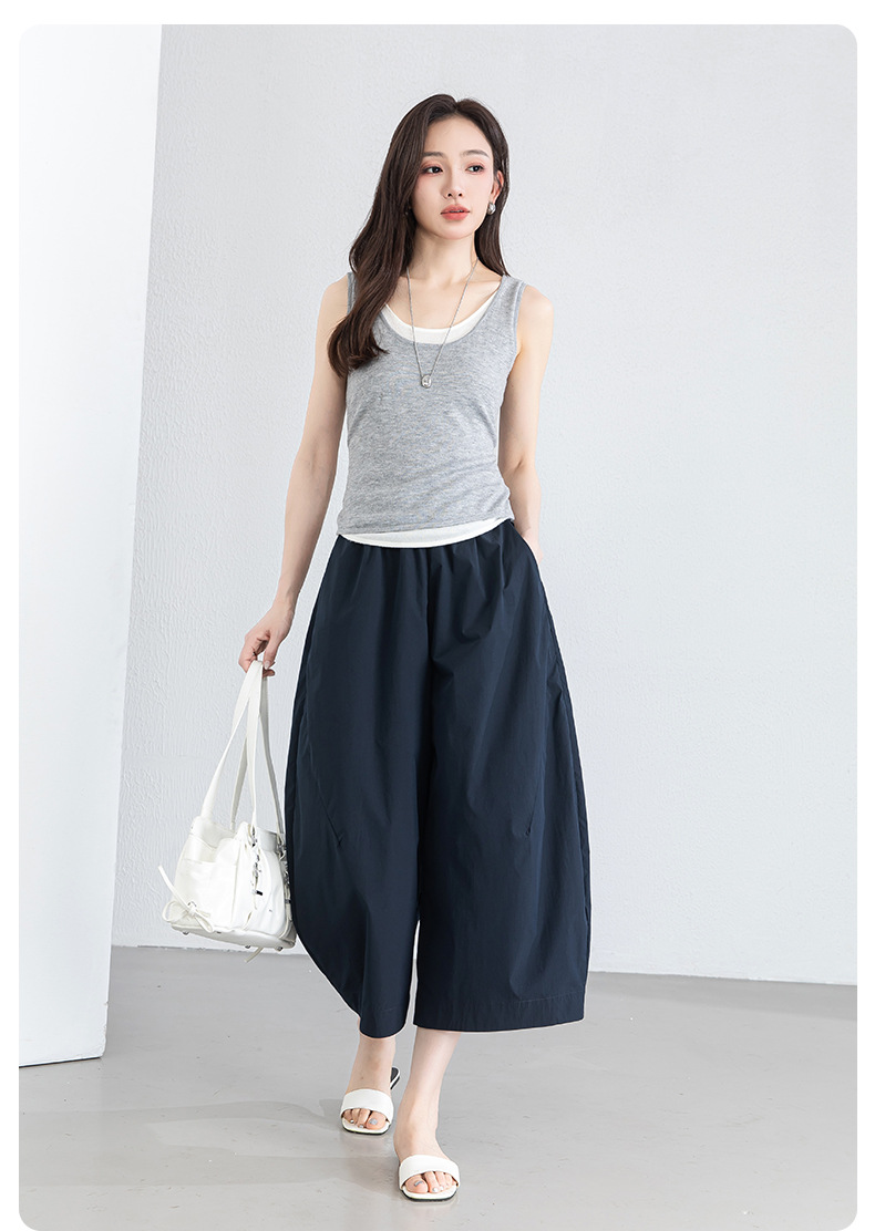 Quần culottes nữ ống rộng cạp thun chống nắng mùa hè dáng suông che mông đùi — màu xanh navy chi tiết 24