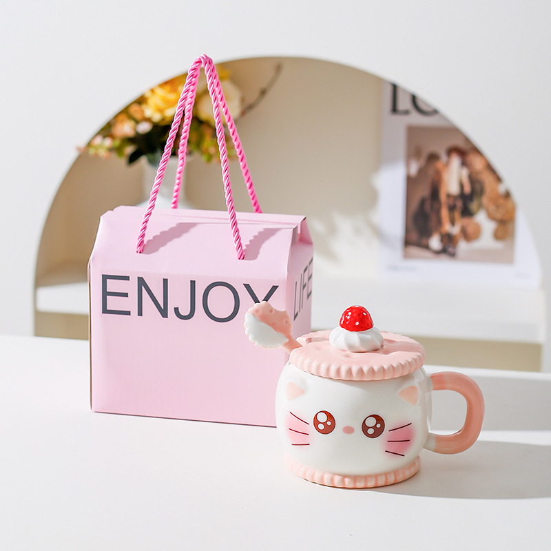 Creativa encantadora caricatura de cerámica taza de regalo rosa de corazón de niña taza de agua con cuchara de cerdo taza de gato