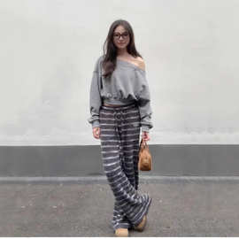 美式复古条纹裤秋冬舒适慵懒加绒休闲裤手感软糯外穿垂感直筒长裤