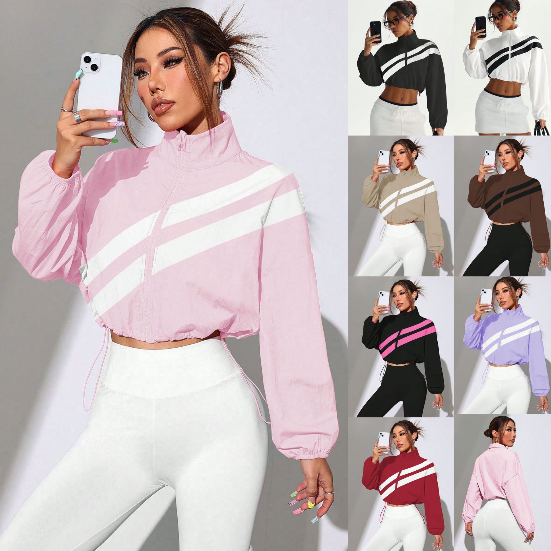 2026 Autumn and Winter New Cross-Border Amazon European and American Color-Blocking Diagonal Stripe American-Style Spicy Girl Stand-Collar Short Sun Protection Jacket