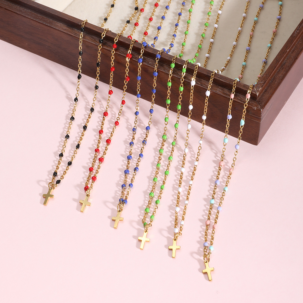 5g Weight Pendant Necklace Classification 1 Piece Quantity Daily, Street Occasion Stainless Steel, Titanium Steel Material Cross Pattern Women's Gender Enamel, Plating Design Simple Style Style Stainless Steel Titanium Steel Simple Style Cross Enamel Plating Pendant Necklace 8