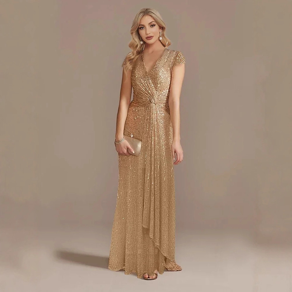 New Cross-Border Banquet Evening Dress, Fashionable Sequined Long Dress, Cocktail Ball, V Neck Short-Sleeved Dress, High-End