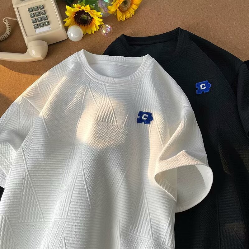 Men's Clothing high street textured short sleeved t shirt men's trendy design niche summer men's t shirt plus size clothes_voghion.com