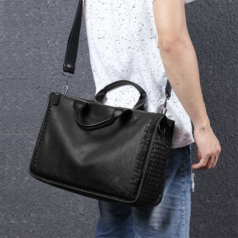 Men's business genuine leather woven shoulder laptop crossbody bag large capacity sheepskin men's bag high-end bag