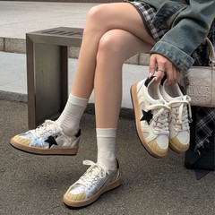 韩版真皮星星小白鞋女2025秋新款复古做旧小脏鞋百搭休闲运动板鞋
